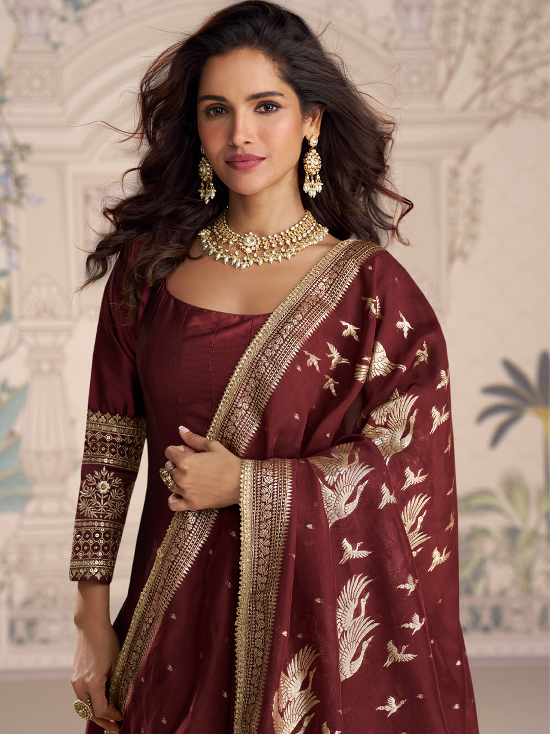 Evanik Women Maroon Embroidered Design Wedding Gown with Dupatta | Grocsy