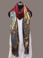 Maroon and Blue Bandhani Kanchipuram Silk Handloom Dupatta with Kalamkari Design - Global Threads | Grocsy