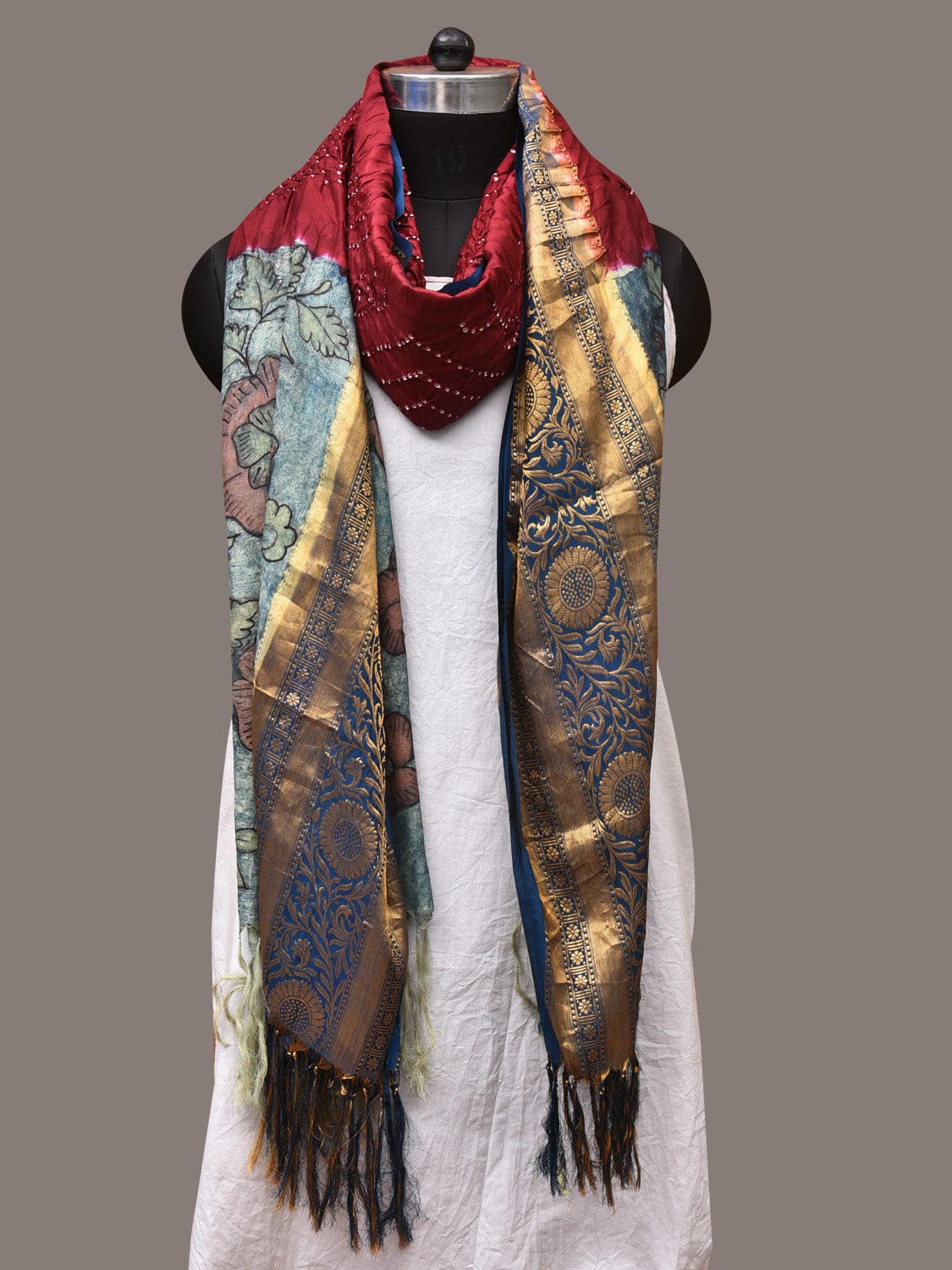 Maroon and Blue Bandhani Kanchipuram Silk Handloom Dupatta with Kalamkari Design - Global Threads | Grocsy