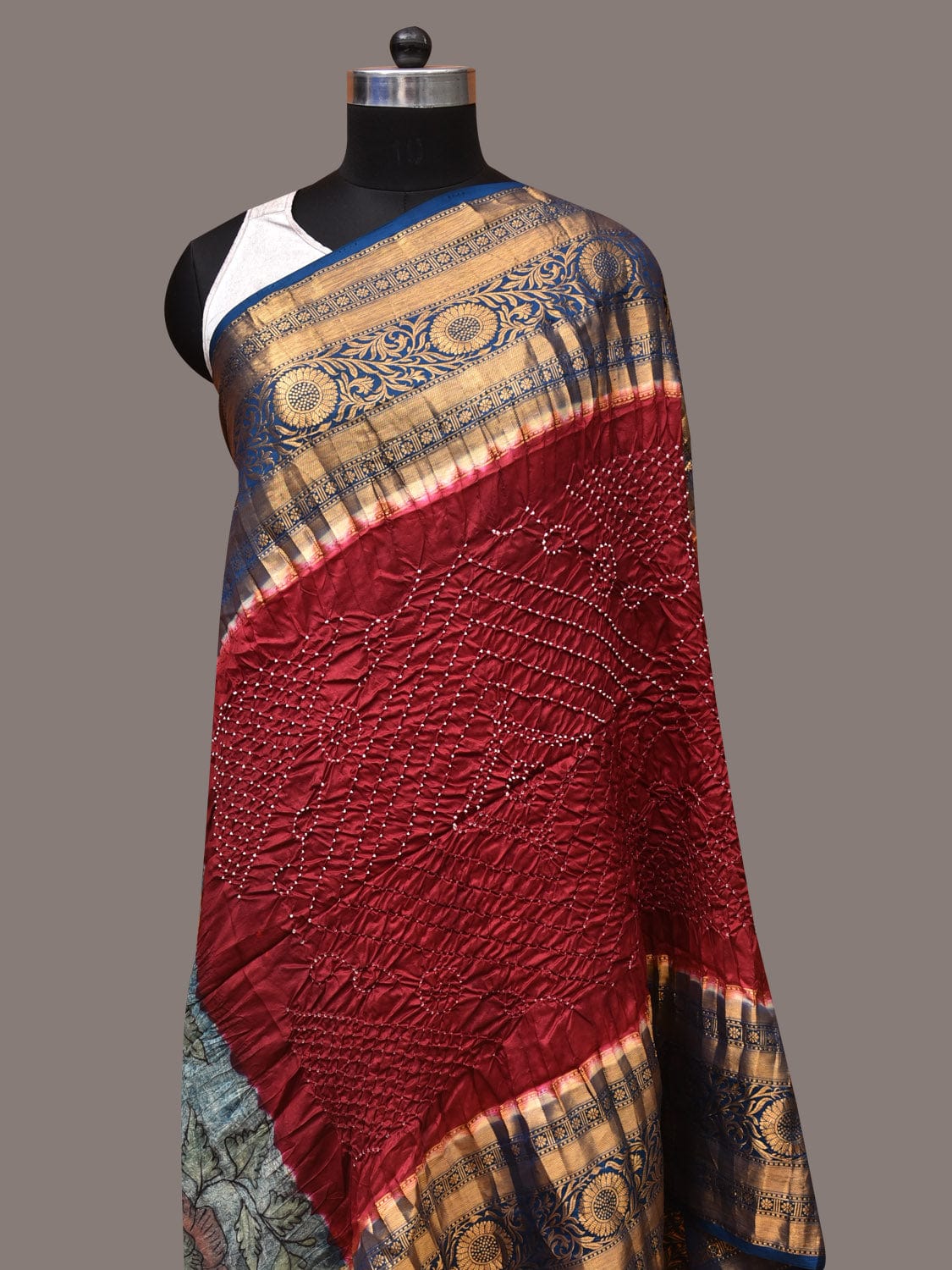 Maroon and Blue Bandhani Kanchipuram Silk Handloom Dupatta with Kalamkari Design - Global Threads | Grocsy