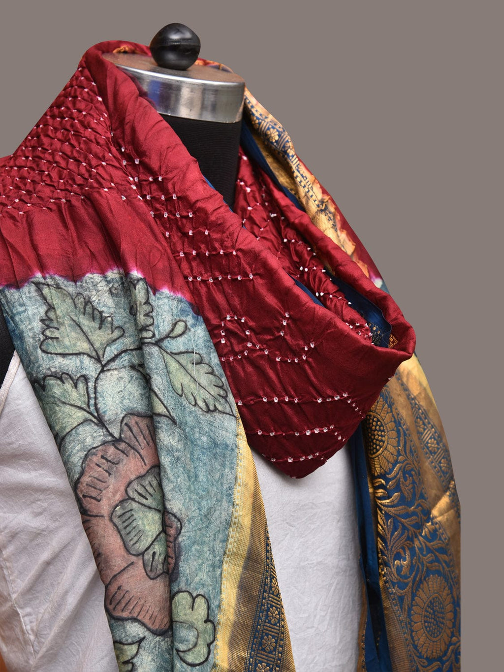 Maroon and Blue Bandhani Kanchipuram Silk Handloom Dupatta with Kalamkari Design - Global Threads | Grocsy