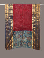 Maroon and Blue Bandhani Kanchipuram Silk Handloom Dupatta with Kalamkari Design - Global Threads | Grocsy