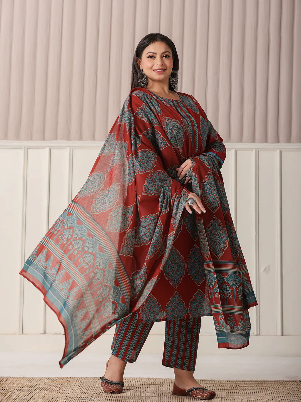 Yufta Maroon Block Print Cotton Lace Work Plus Size Kurta Set With Pant & Dupatta | Grocsy