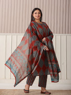 Yufta Maroon Block Print Cotton Lace Work Plus Size Kurta Set With Pant & Dupatta | Grocsy