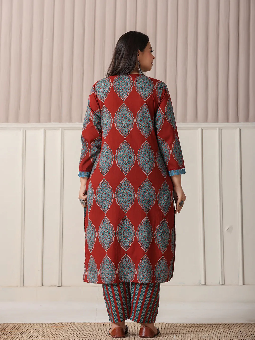 Yufta Maroon Block Print Cotton Lace Work Plus Size Kurta Set With Pant & Dupatta | Grocsy