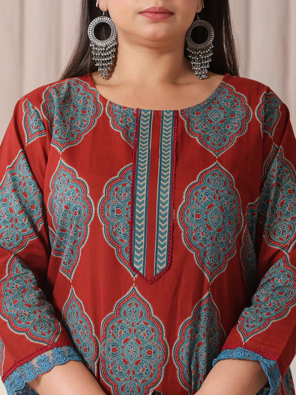Yufta Maroon Block Print Cotton Lace Work Plus Size Kurta Set With Pant & Dupatta | Grocsy