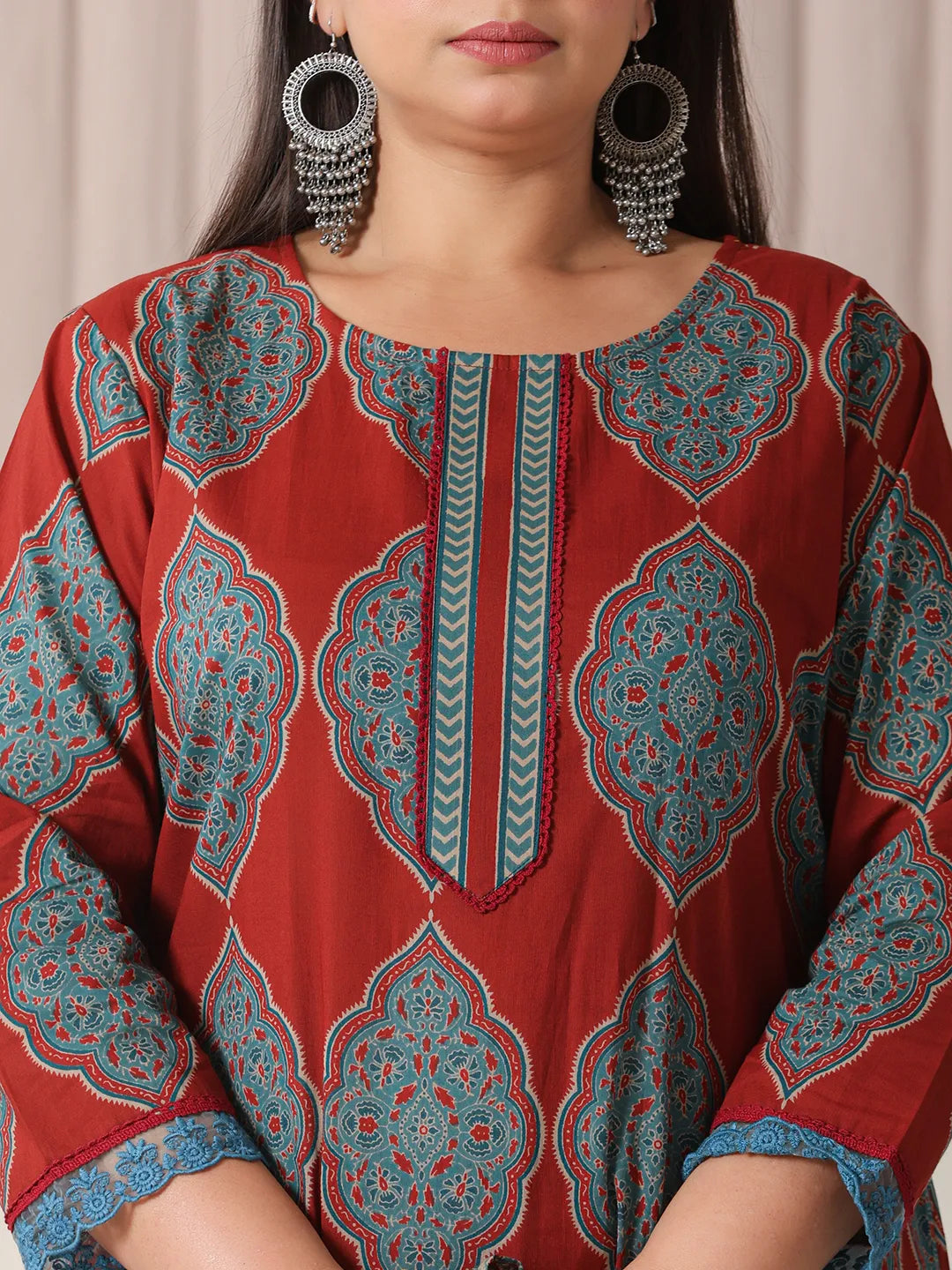Yufta Maroon Block Print Cotton Lace Work Plus Size Kurta Set With Pant & Dupatta | Grocsy