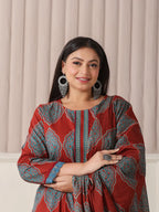 Yufta Maroon Block Print Cotton Lace Work Plus Size Kurta Set With Pant & Dupatta | Grocsy