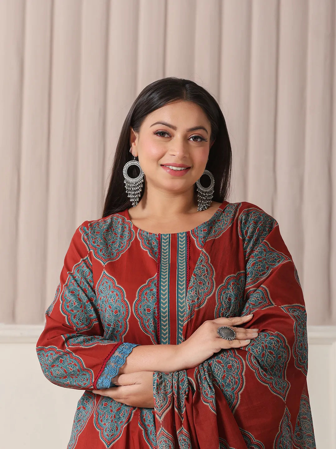 Yufta Maroon Block Print Cotton Lace Work Plus Size Kurta Set With Pant & Dupatta | Grocsy