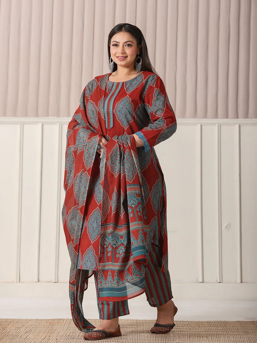 Yufta Maroon Block Print Cotton Lace Work Plus Size Kurta Set With Pant & Dupatta | Grocsy