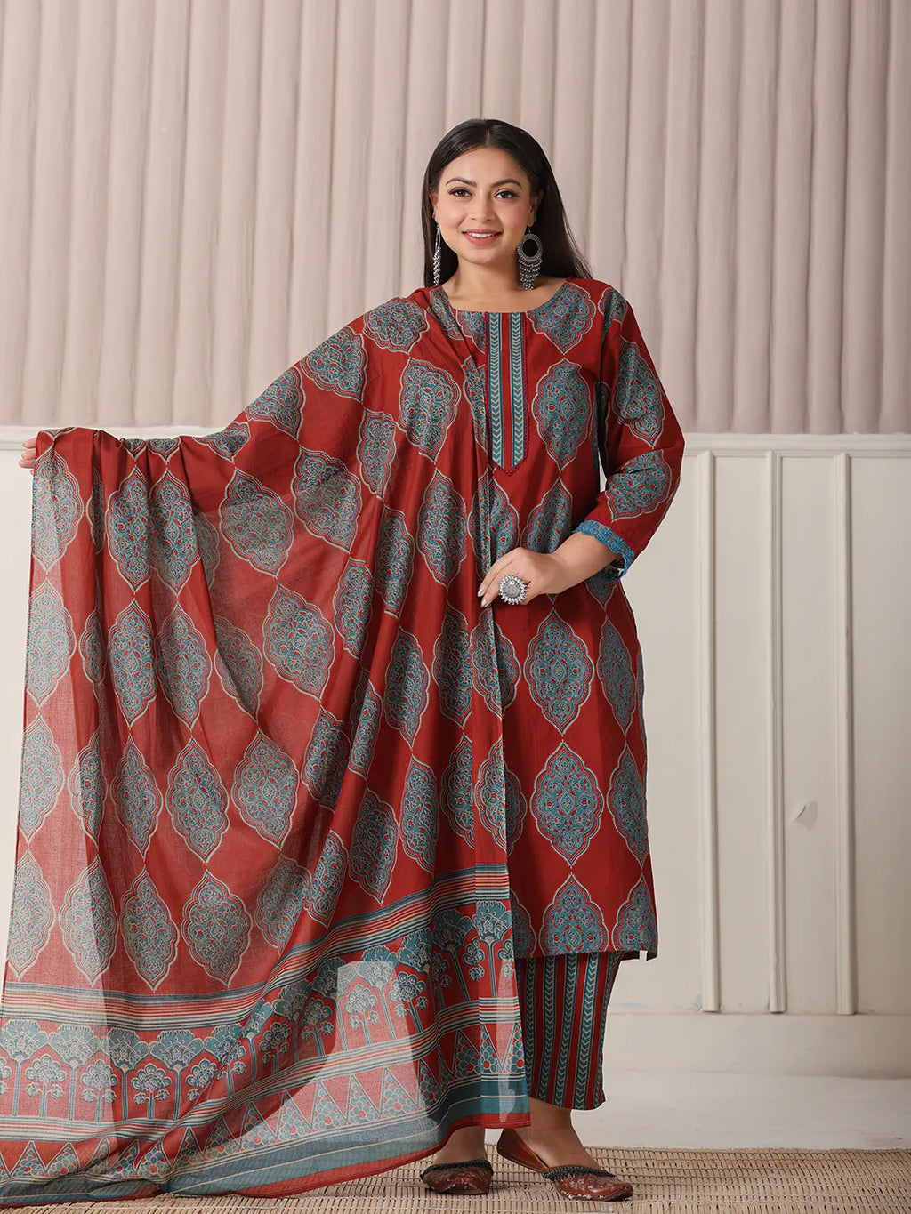 Yufta Maroon Block Print Cotton Lace Work Plus Size Kurta Set With Pant & Dupatta | Grocsy