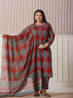 Yufta Maroon Block Print Cotton Lace Work Plus Size Kurta Set With Pant & Dupatta | Grocsy