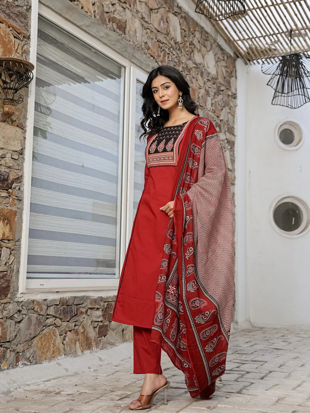 Yufta Maroon Cotton A Line Kurta Dupatta Set | Grocsy