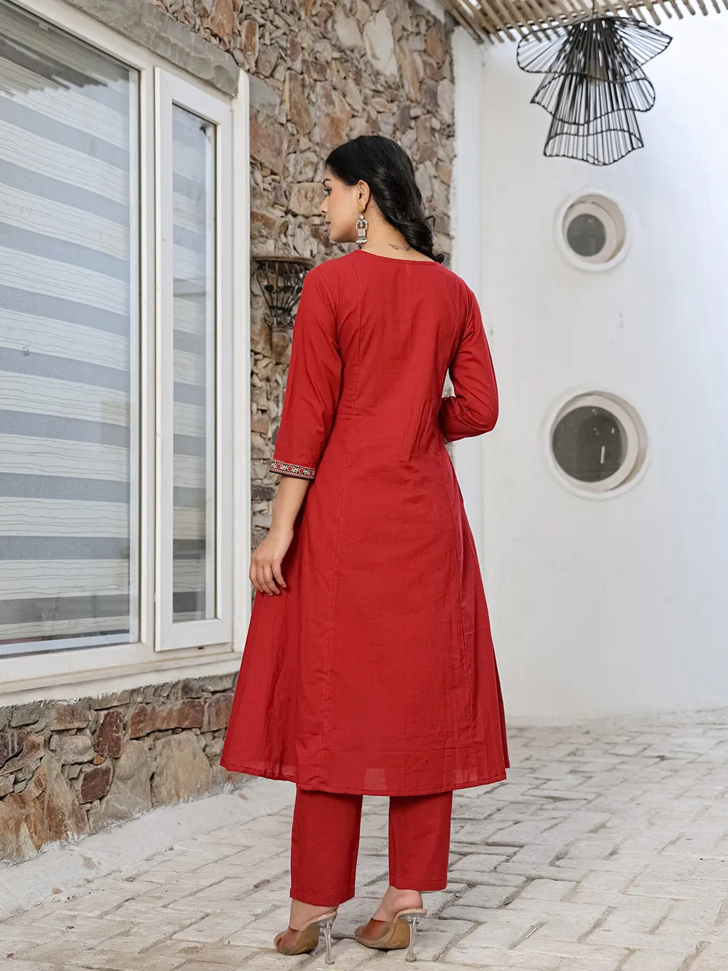 Yufta Maroon Cotton A Line Kurta Dupatta Set | Grocsy