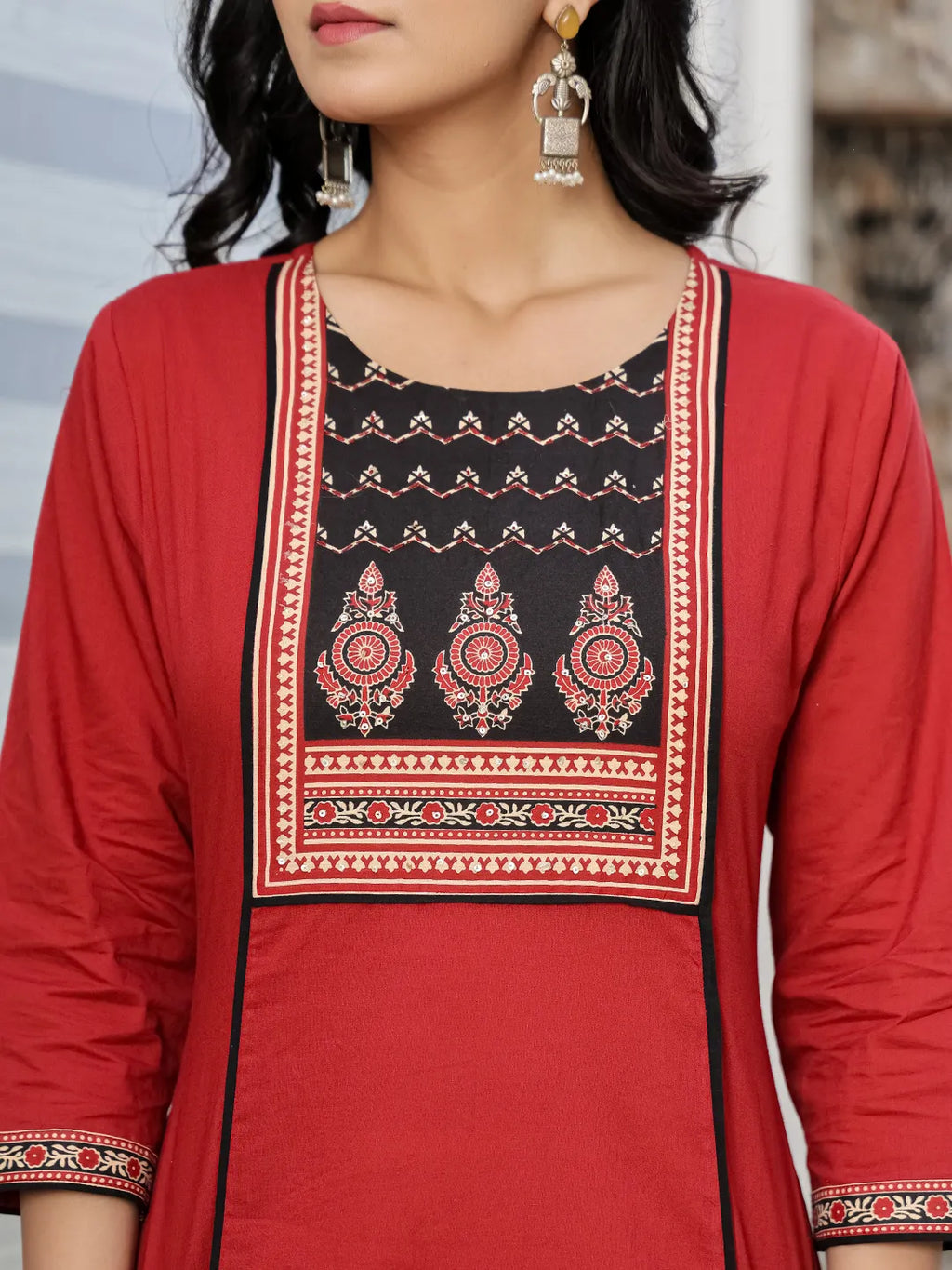 Yufta Maroon Cotton A Line Kurta Dupatta Set | Grocsy