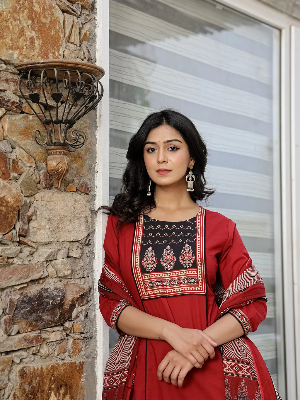 Yufta Maroon Cotton A Line Kurta Dupatta Set | Grocsy