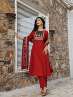 Yufta Maroon Cotton A Line Kurta Dupatta Set | Grocsy