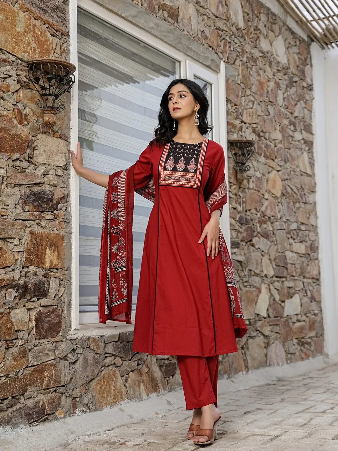 Yufta Maroon Cotton A Line Kurta Dupatta Set | Grocsy