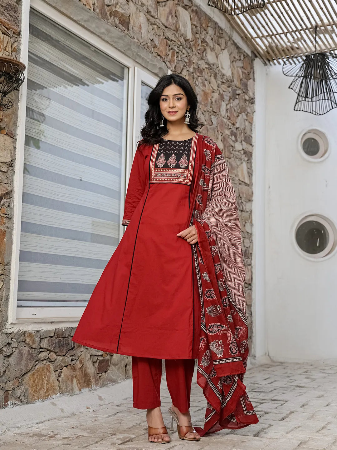 Yufta Maroon Cotton A Line Kurta Dupatta Set | Grocsy