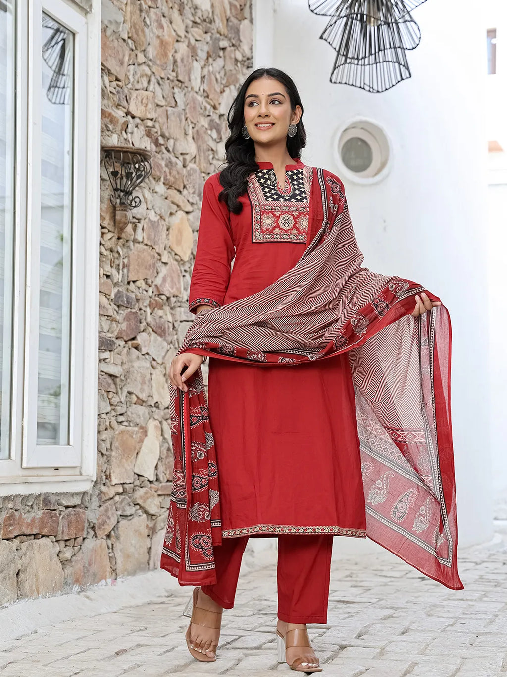 Yufta Maroon Cotton Mandarin Collar Kurta Dupatta Set | Grocsy