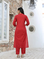 Yufta Maroon Cotton Mandarin Collar Kurta Dupatta Set | Grocsy