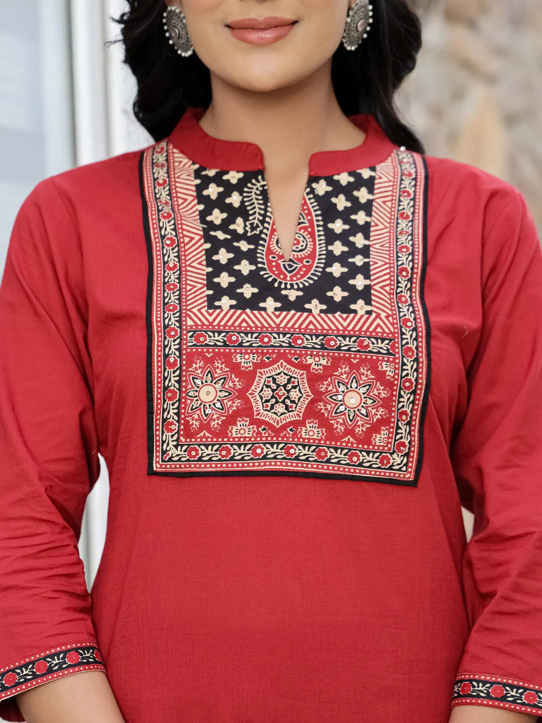 Yufta Maroon Cotton Mandarin Collar Kurta Dupatta Set | Grocsy