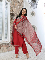 Yufta Maroon Cotton Mandarin Collar Kurta Dupatta Set | Grocsy
