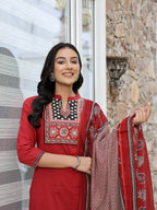 Yufta Maroon Cotton Mandarin Collar Kurta Dupatta Set | Grocsy