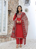 Yufta Maroon Cotton Mandarin Collar Kurta Dupatta Set | Grocsy