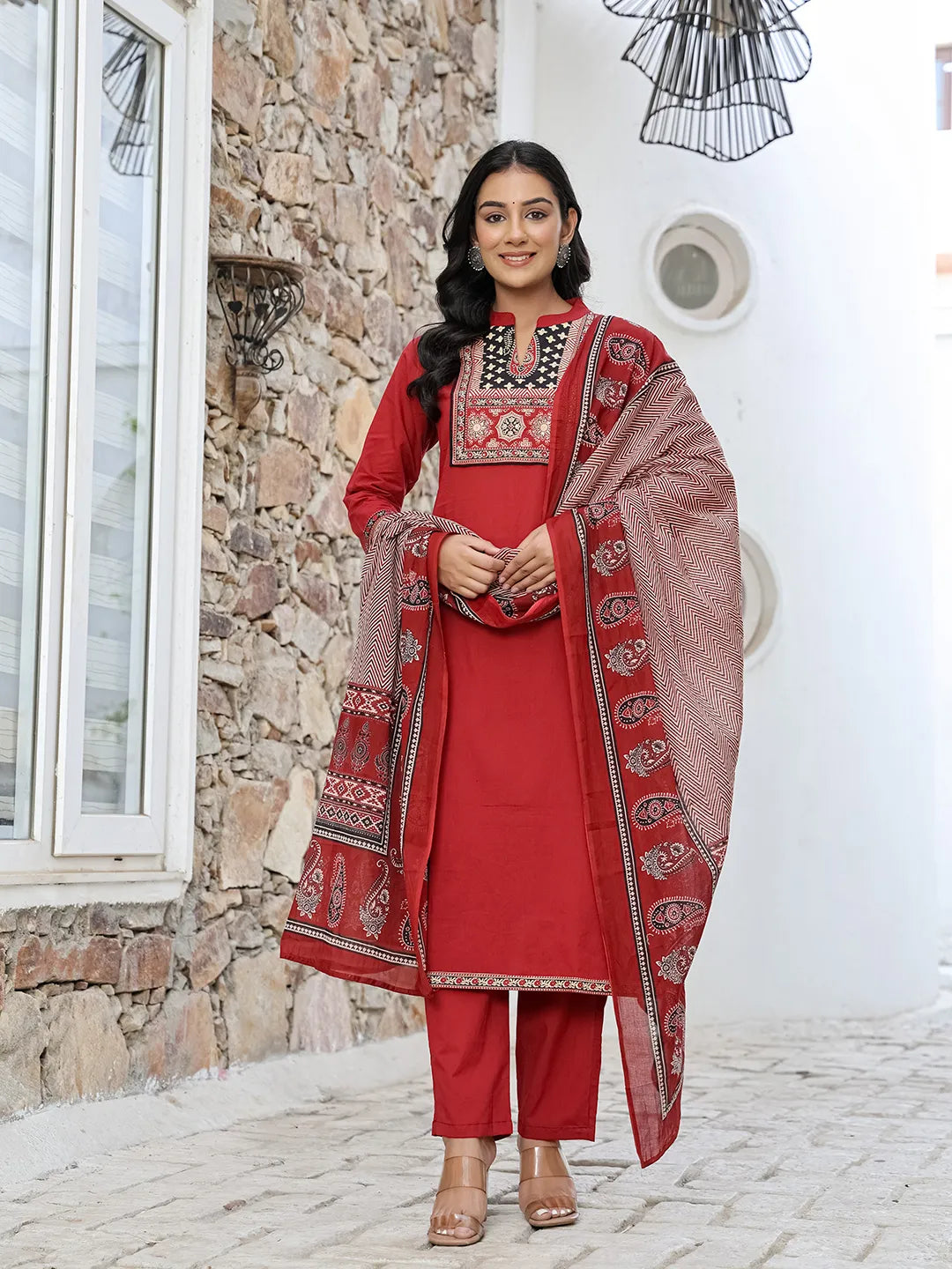 Yufta Maroon Cotton Mandarin Collar Kurta Dupatta Set | Grocsy