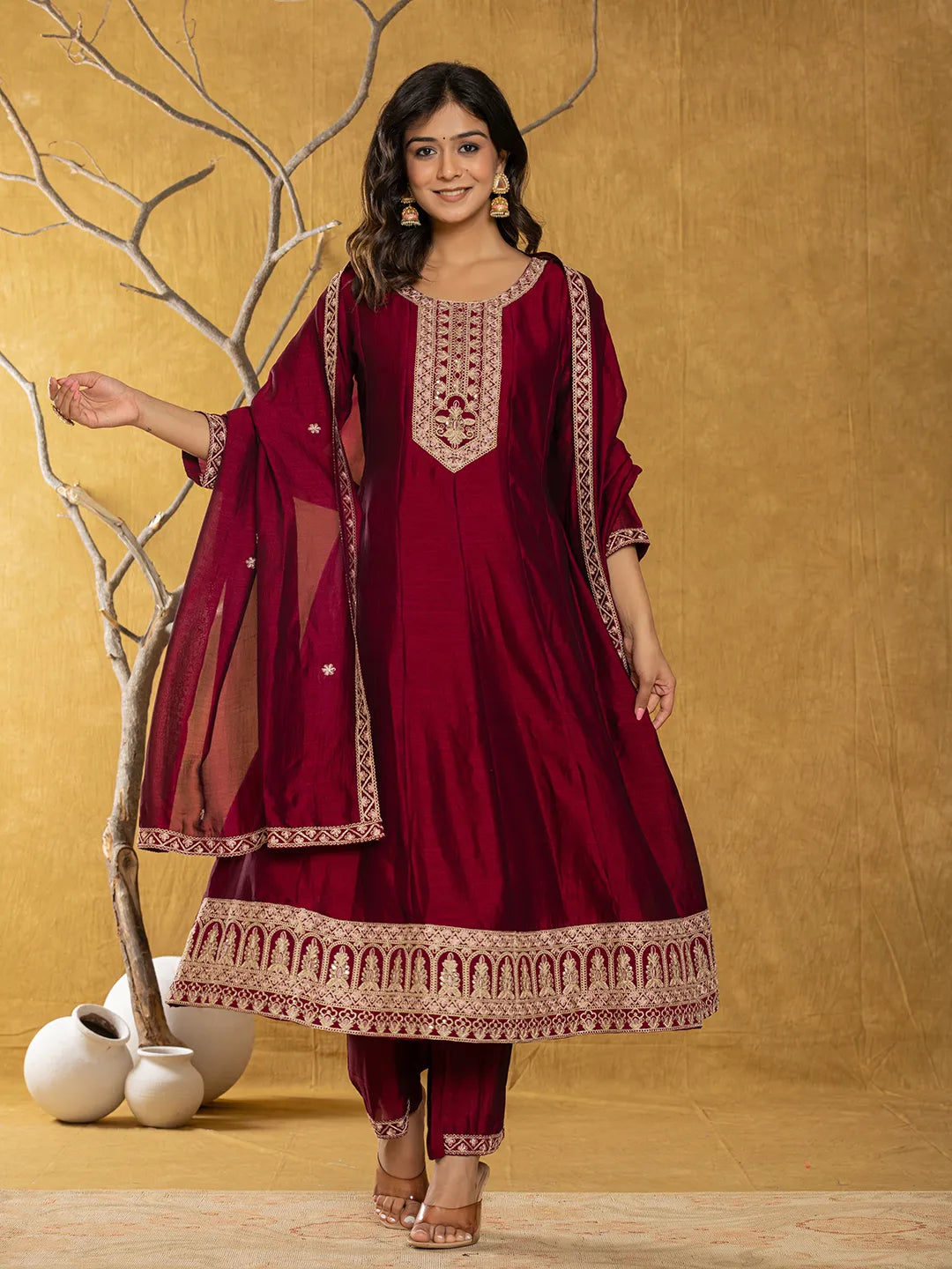 Yufta Maroon Embroidered Anarkali Kurta Dupatta Set With Cotton Lining | Grocsy