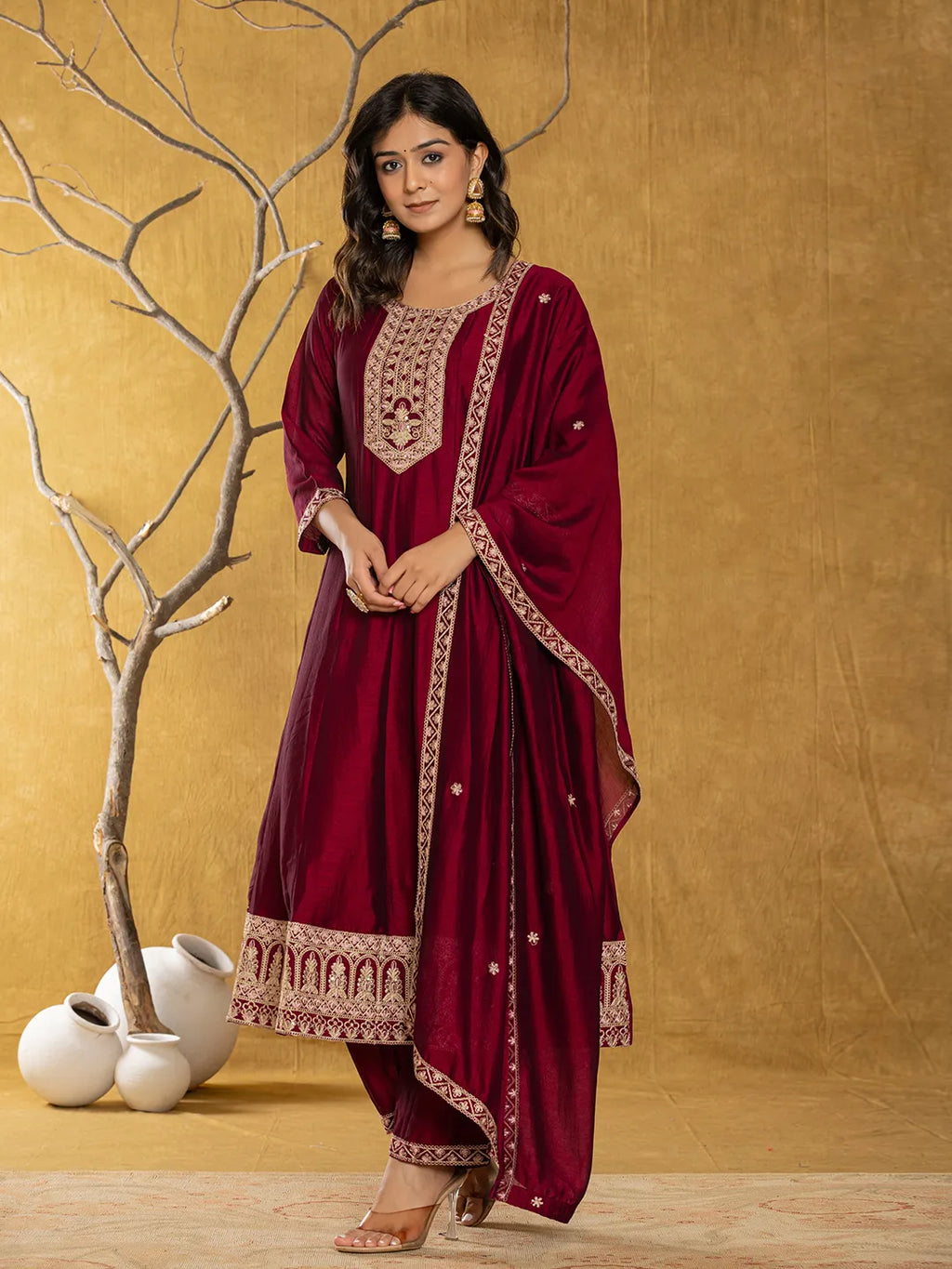 Yufta Maroon Embroidered Anarkali Kurta Dupatta Set With Cotton Lining | Grocsy