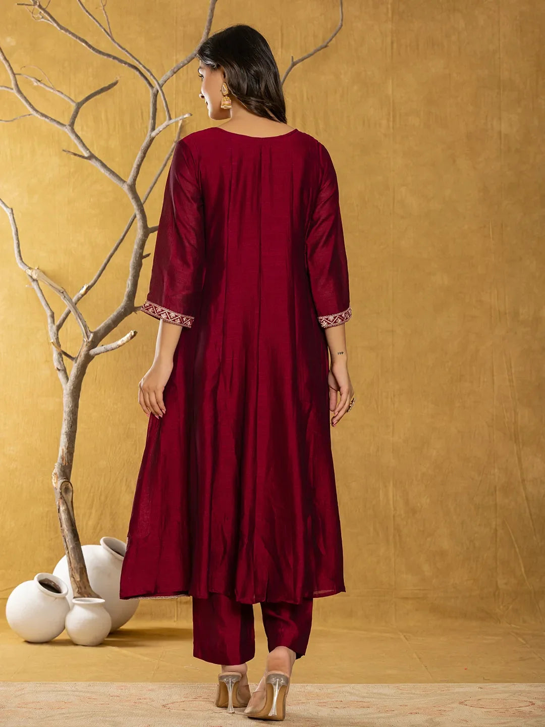 Yufta Maroon Embroidered Anarkali Kurta Dupatta Set With Cotton Lining | Grocsy