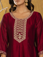 Yufta Maroon Embroidered Anarkali Kurta Dupatta Set With Cotton Lining | Grocsy