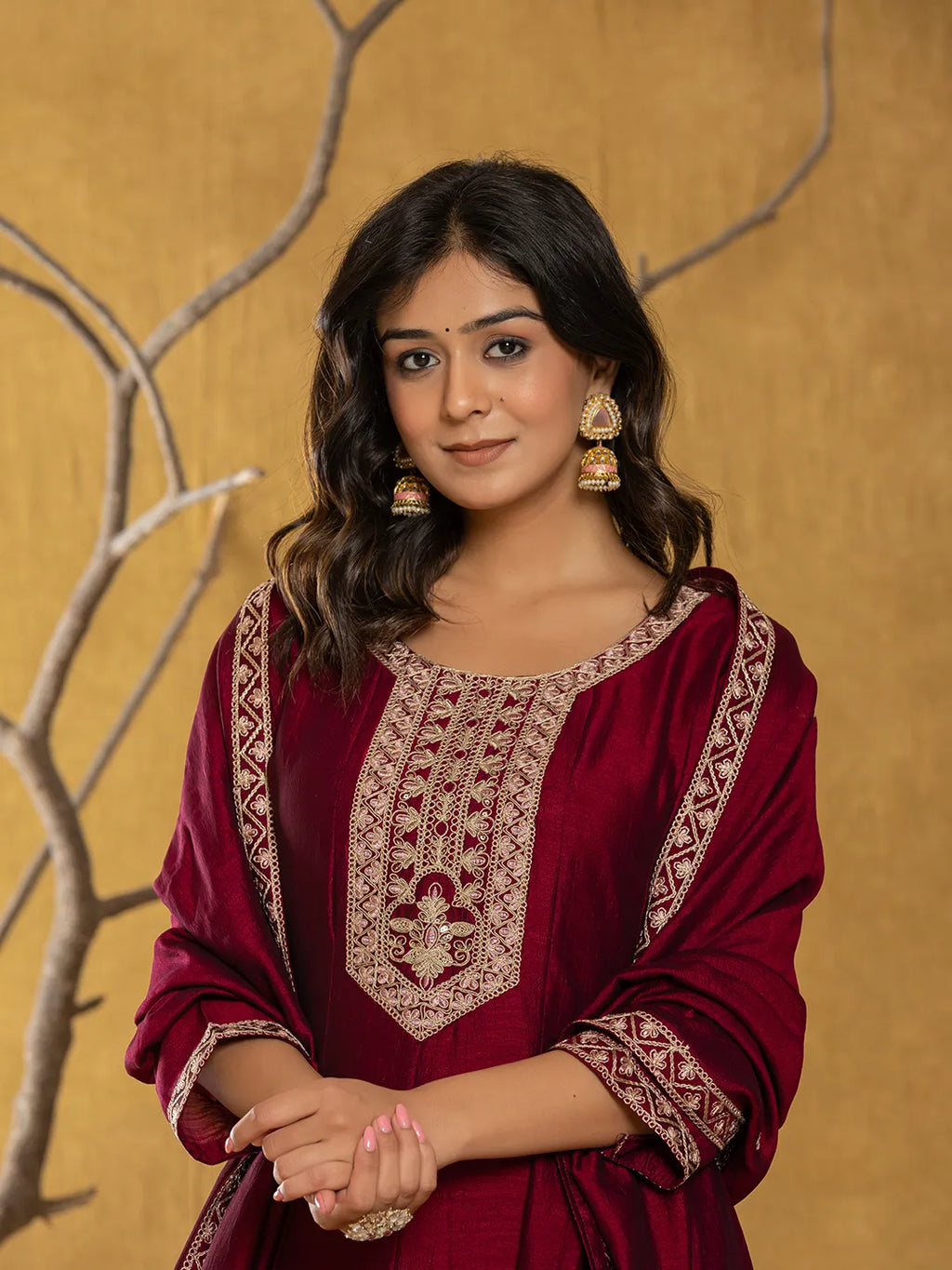 Yufta Maroon Embroidered Anarkali Kurta Dupatta Set With Cotton Lining | Grocsy