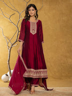 Yufta Maroon Embroidered Anarkali Kurta Dupatta Set With Cotton Lining | Grocsy