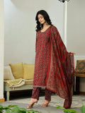 Yufta Maroon Ethnic Motifs A-Line Kurta Trouser Dupatta Set With Bucket Neck | Grocsy
