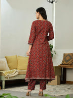 Yufta Maroon Ethnic Motifs A-Line Kurta Trouser Dupatta Set With Bucket Neck | Grocsy