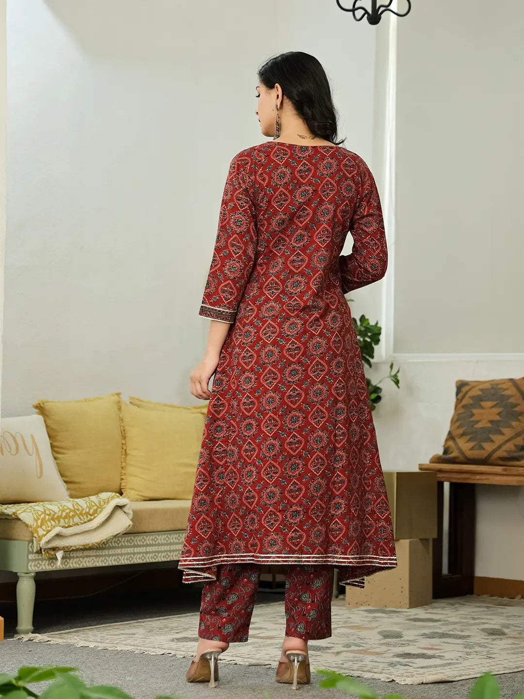 Yufta Maroon Ethnic Motifs A-Line Kurta Trouser Dupatta Set With Bucket Neck | Grocsy