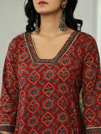 Yufta Maroon Ethnic Motifs A-Line Kurta Trouser Dupatta Set With Bucket Neck | Grocsy