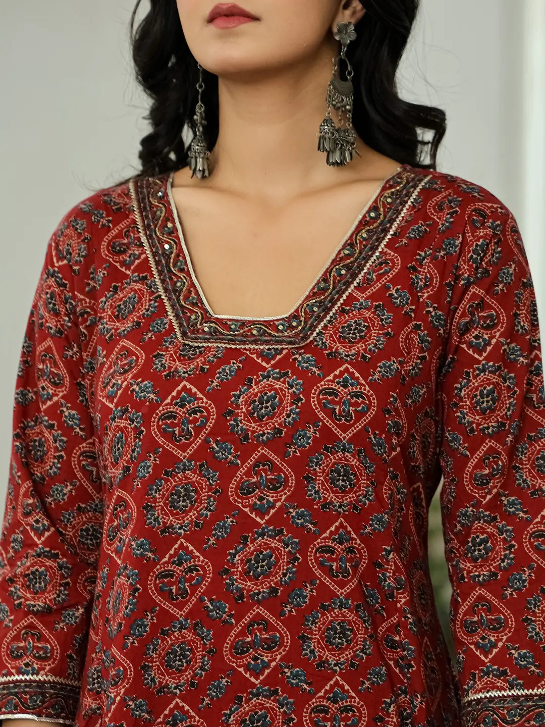 Yufta Maroon Ethnic Motifs A-Line Kurta Trouser Dupatta Set With Bucket Neck | Grocsy