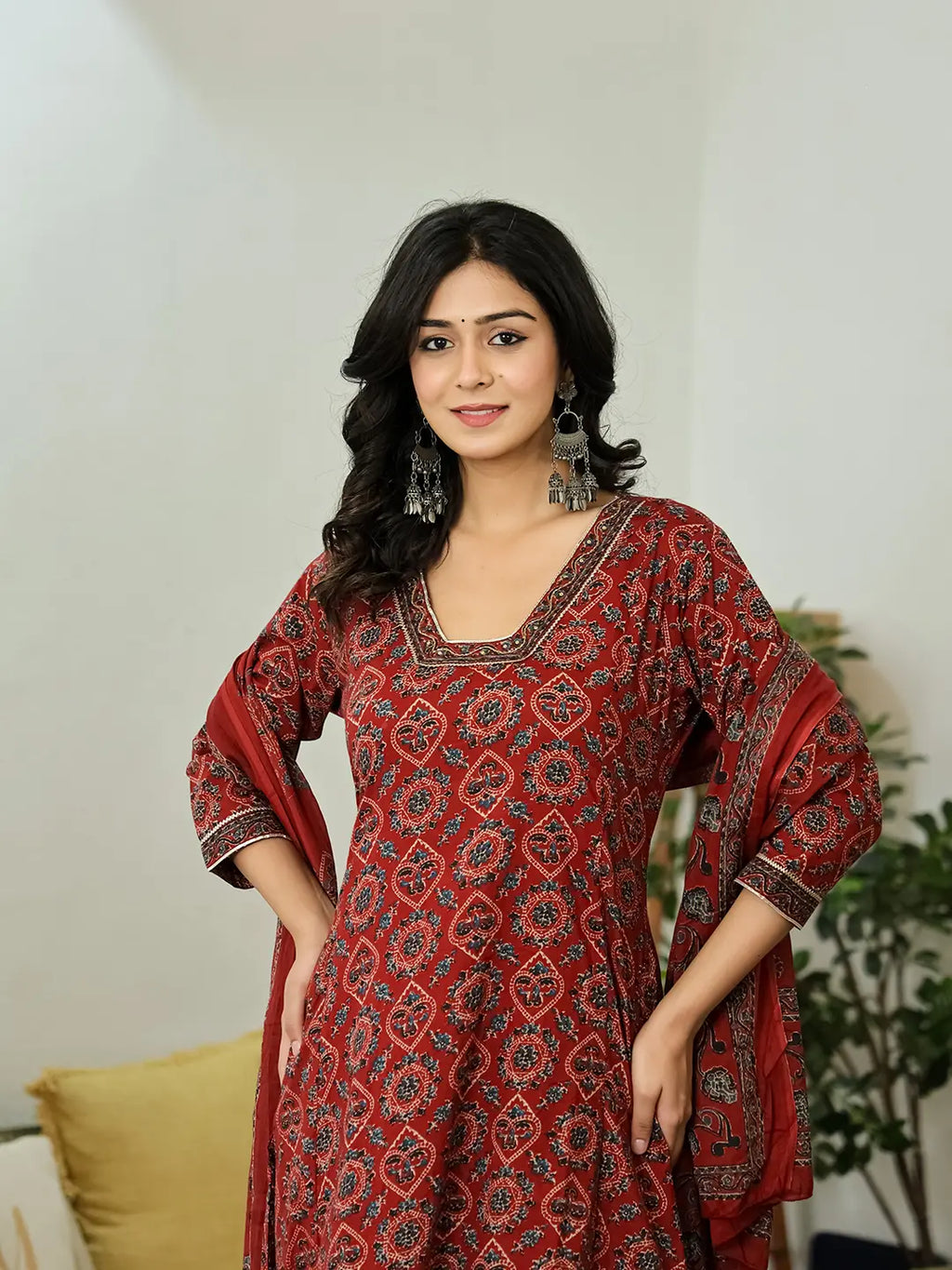 Yufta Maroon Ethnic Motifs A-Line Kurta Trouser Dupatta Set With Bucket Neck | Grocsy