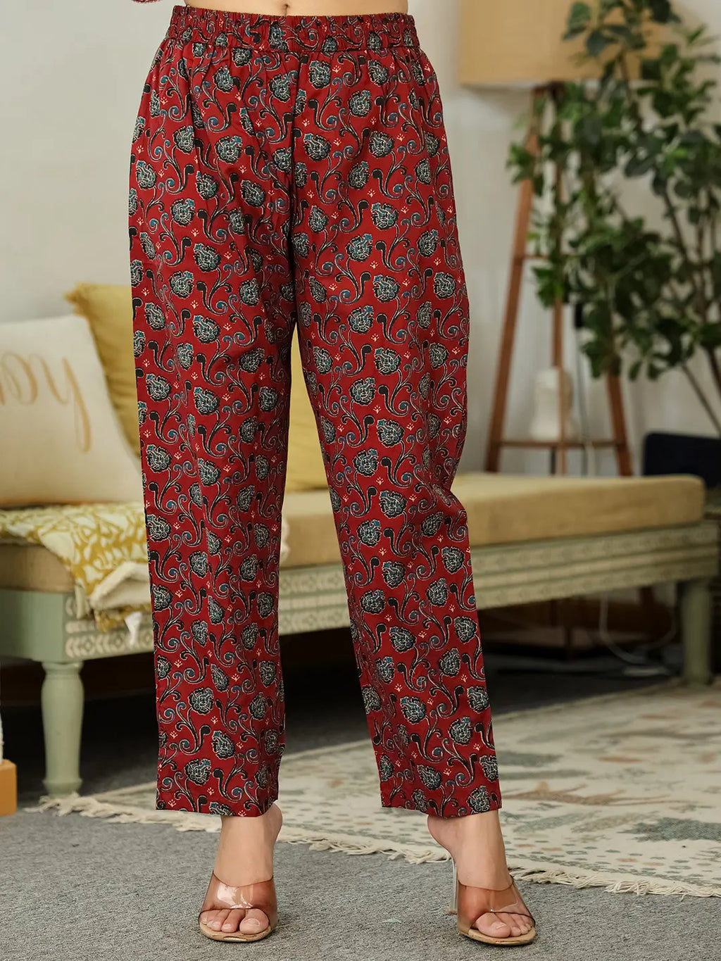 Yufta Maroon Ethnic Motifs A-Line Kurta Trouser Dupatta Set With Bucket Neck | Grocsy