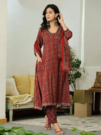 Yufta Maroon Ethnic Motifs A-Line Kurta Trouser Dupatta Set With Bucket Neck | Grocsy