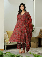 Yufta Maroon Ethnic Motifs A-Line Kurta Trouser Dupatta Set With Bucket Neck | Grocsy