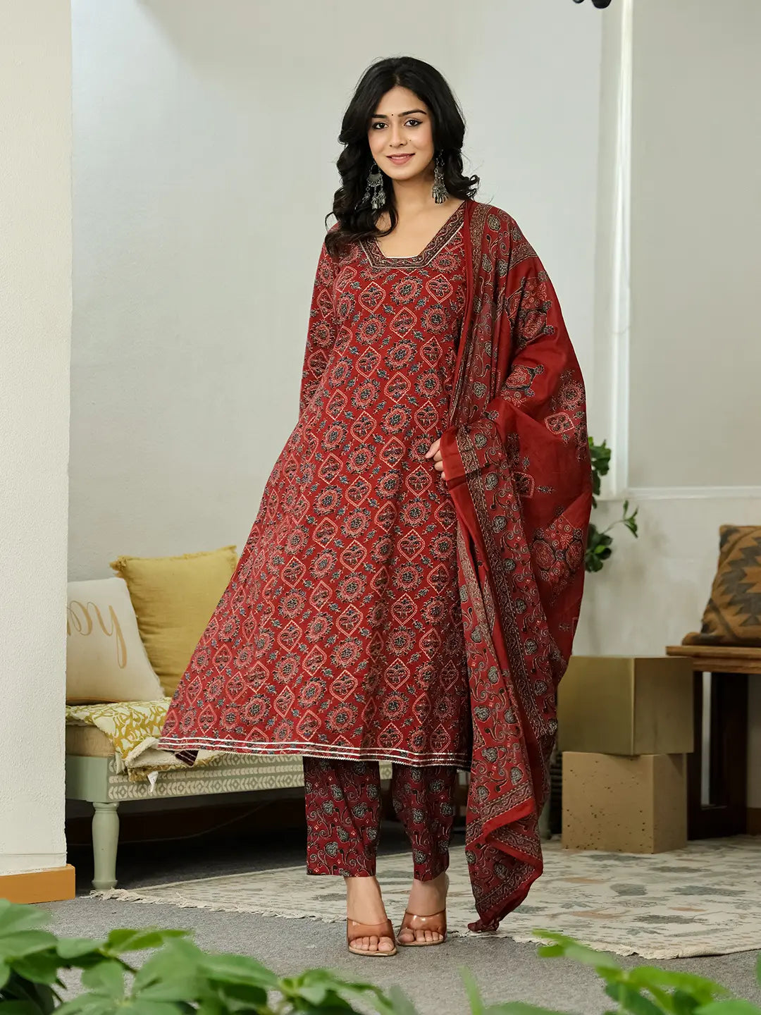 Yufta Maroon Ethnic Motifs A-Line Kurta Trouser Dupatta Set With Bucket Neck | Grocsy