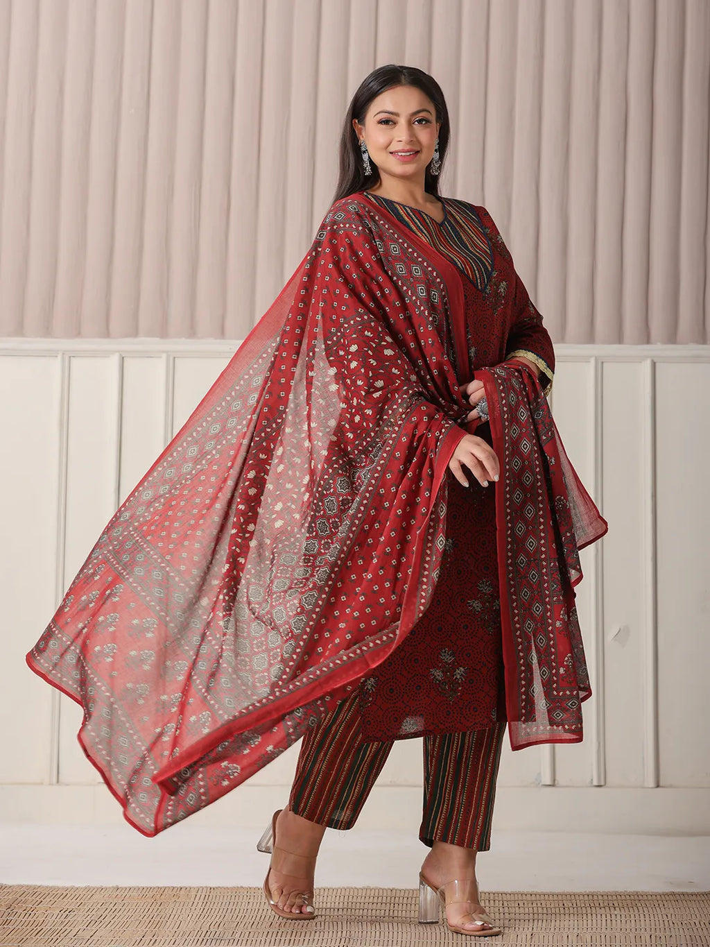 Yufta Maroon Floral Print Patch & Lace Work Plus Size Kurta Set With Pant & Dupatta | Grocsy