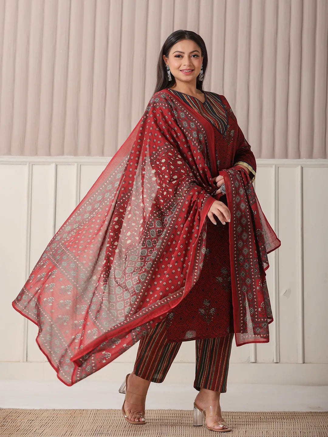 Yufta Maroon Floral Print Patch & Lace Work Plus Size Kurta Set With Pant & Dupatta | Grocsy