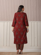 Yufta Maroon Floral Print Patch & Lace Work Plus Size Kurta Set With Pant & Dupatta | Grocsy