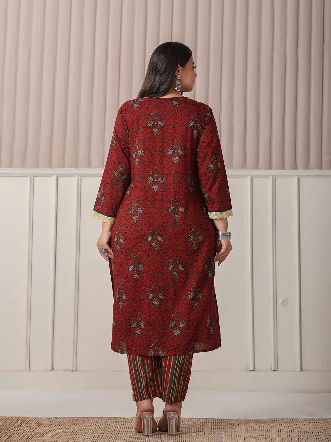 Yufta Maroon Floral Print Patch & Lace Work Plus Size Kurta Set With Pant & Dupatta | Grocsy